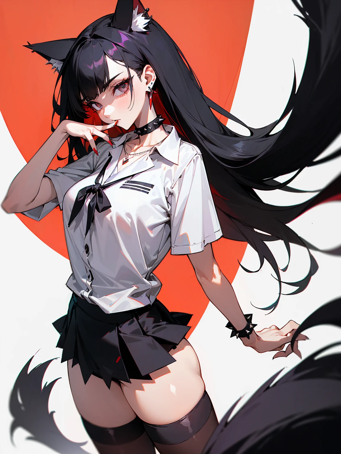((Long Straight Black hair)), Perfect face, Choker, Punk earrings, ((Tall)), ((High Quality)), Necklace, ((Mature)), Pretty Eyes, Sharp Nails, Bangs, ((1 Girl)), ((Multiple Earrings)), 1 girl, Spiky Earrings, Adult, Spiked Collar, Thin Eyelashes, Plain Background, Red Colors in Background, Cat Girl, Long Tail, Large Tail, Massive Tail, Black Tail, ((Black Goth Mini Skirt)), ((White Shirt)), Close Up, Very Short Mini Skirt, Tall, Long Legs, Sexy Thigh Highs, ((Very Disgusted)), Dynamic Pose,