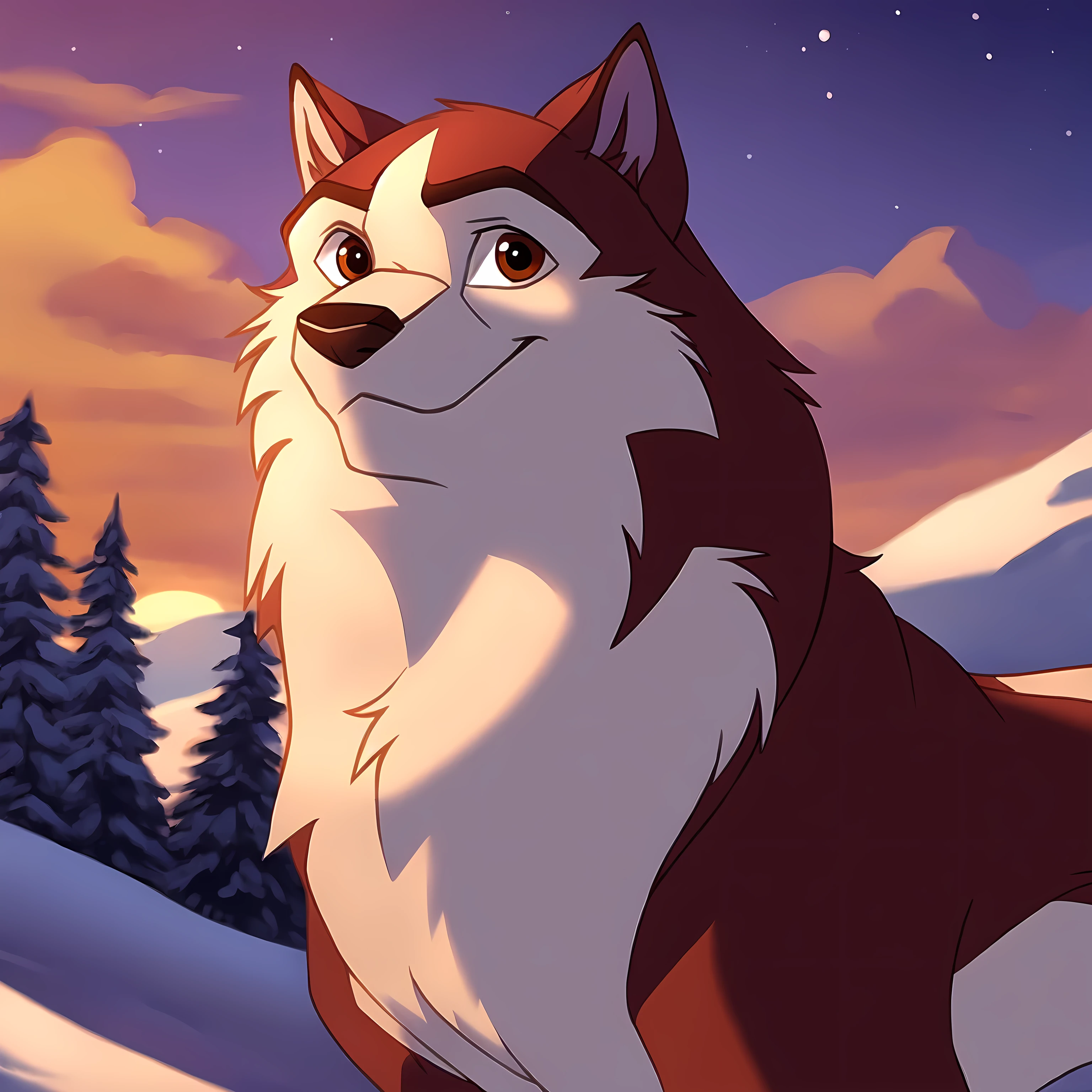 kodi, kodiak (balto), solo, red fur, feral, detailed, quadruped, wfa anatomy, black lineart, black outline, male, masculine, muscular, pectorals, adult, wolf, brown eyes, cartoon shading, cel shaded:1.0, strong body, confident, proud, night, winter, outside, detailed eyes,