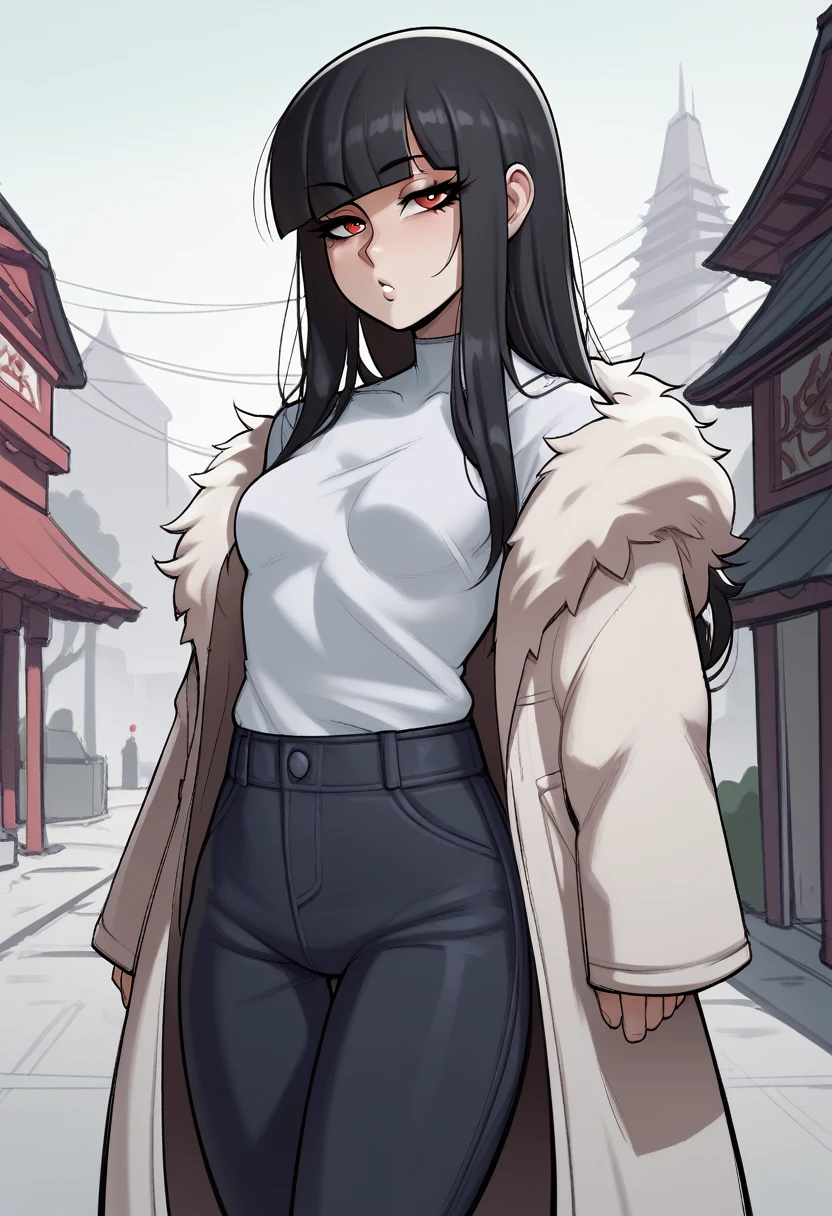 score_9, score_8_up, score_7_up, score_6_up, score_5_up, score_4_up, BREAK 1girl, black hair, loose hair, swept bangs, red eyes, long eyelashes, seductive expression, blunt bangs, short, BREAK solo, small breasts, skinny, arched back, thigh gap, shrine maiden, fur coat, innocent, lovely, adorable, long hair, hair covering one eye, dark mage, fully clothed, hibakama pants, hakui shirt, yakuza, city street background,