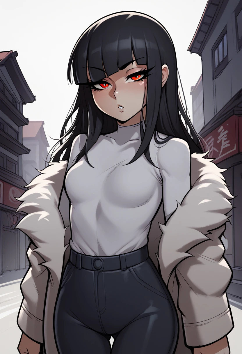 score_9, score_8_up, score_7_up, score_6_up, score_5_up, score_4_up, BREAK 1girl, black hair, loose hair, swept bangs, red eyes, long eyelashes, seductive expression, blunt bangs, short, BREAK solo, small breasts, skinny, arched back, thigh gap, shrine maiden, fur coat, innocent, lovely, adorable, long hair, hair covering one eye, dark mage, fully clothed, hibakama pants, hakui shirt, yakuza, city street background,