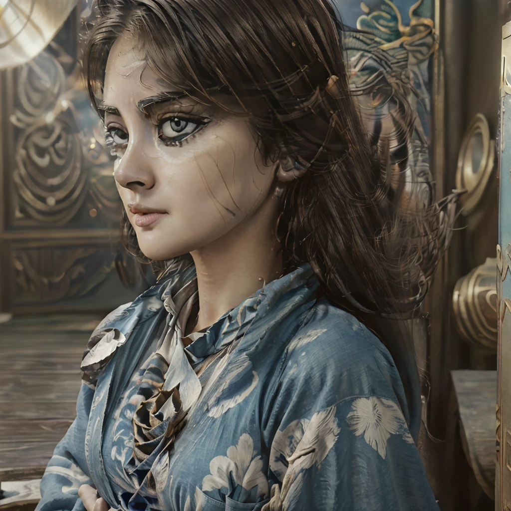 (RAW photo, best quality), (realistic, photo-realistic:1.3),best quality,highly detailed,masterpiece,ultra-detailed,illustration,1girl,upper_body,dynamic angle,world masterpiece theater,messy_long_hair,best quality,extremely detailed CG unity 8k wallpaper,ink,Amazing,cinematic lighting,lens_flare, dunhuang_style