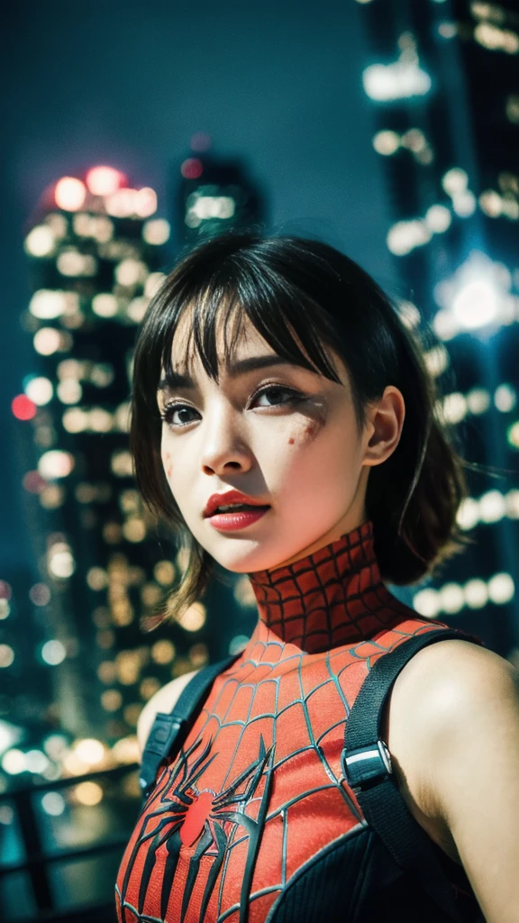 (1girl:1.3), Solo, (((Very detailed face)))), ((Very detailed eyes and face)))), Beautiful detail eyes, Body parts__, Official art, Unified 8k wallpaper, Super detailed, beautiful and beautiful, beautiful, masterpiece, best quality, original, masterpiece, super fine photo, best quality, super high resolution, realistic realism, sunlight, full body portrait, amazing beauty, dynamic pose, delicate face, vibrant eyes, (from the front), She wears Spider-Man suit, red and black color scheme, spider, very detailed city roof background, rooftop, overlooking the city, detailed face, detailed complex busy background, messy, gorgeous, milky white, highly detailed skin, realistic skin details, visible pores, clear focus, volumetric fog, 8k uhd, DSLR, high quality, film grain, fair skin, photo realism, lomography, futuristic dystopian megalopolis, translucent
