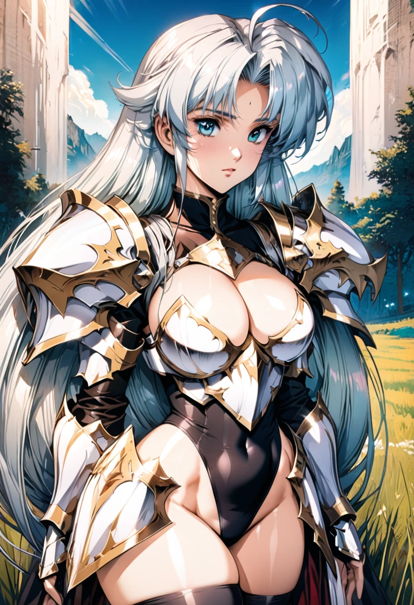 ((highest quality)), ((masterpiece)), ((hyperrealistic)), (detailed background), anime style, solo, 1girl, langrisser, ((curvy: 1.2)), kawaii, ((fantasy armor: 1.3)), Silver long hair, ahoge, forehead, parted bangs, (white paladin armor), ((black leotard: 1.3)), ((large breasts)), (zettai ryouiki black knee socks), ((gauntlet)), (cleavage breastplate), (big butt), (thighs), (groin), beautiful aqua eyes, perfect face, Perfect hands, perfect fingers, Blue sky and grassland,