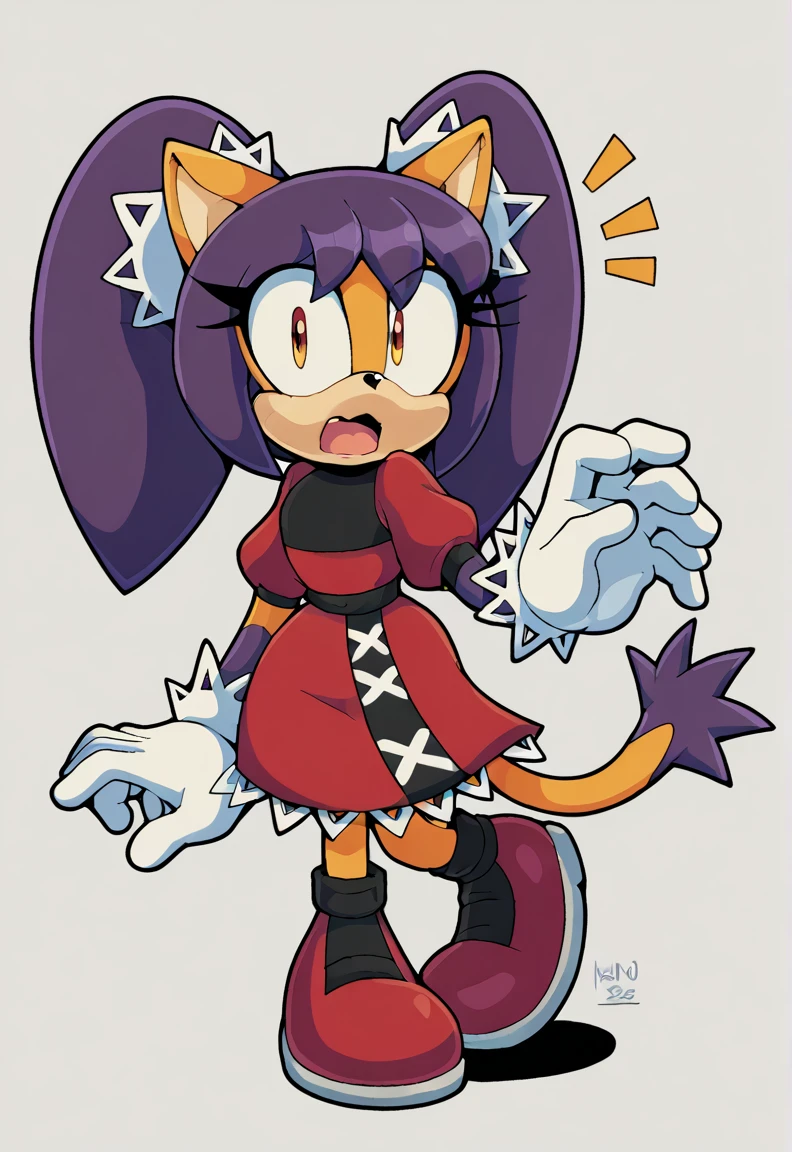 score_9, score_8_up, 2D, flat color, a plain white background with nothing in it, looking at viewer, 1girl, very detailed, extremely detailed, honey the cat from the sonic the hedgehog series, standing, full body, wide hips, narrow waist, curvy, red dress, frilly hair ties, shocked expression, open mout, open hands, wide eyes