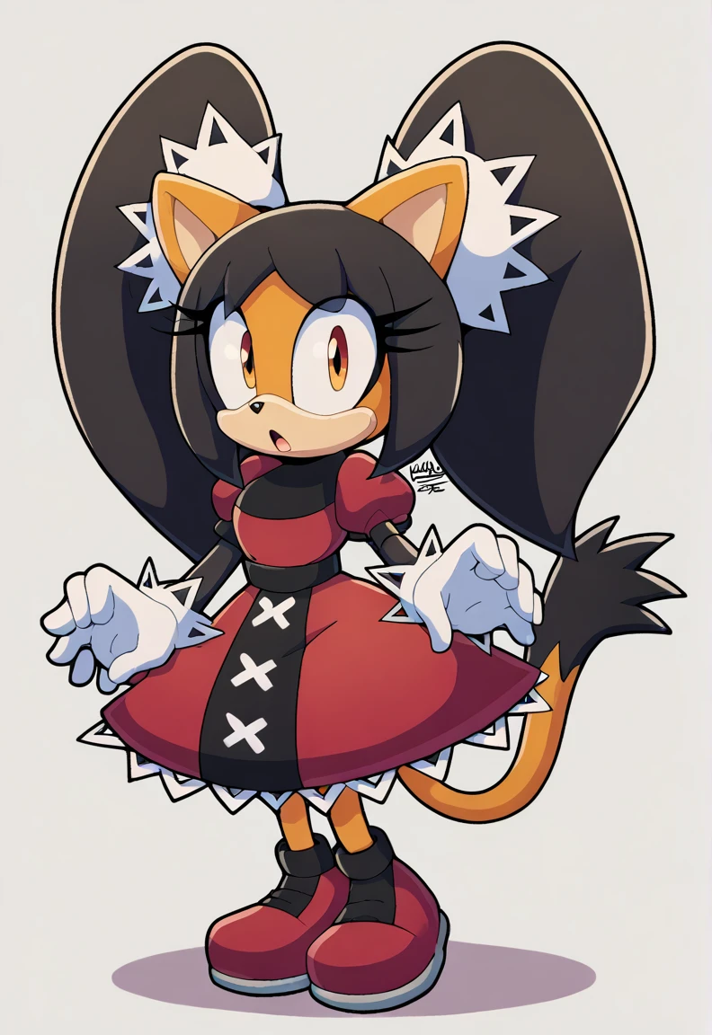 score_9, score_8_up, 2D, flat color, a plain white background with nothing in it, looking at viewer, 1girl, very detailed, extremely detailed, honey the cat from the sonic the hedgehog series, standing, full body, wide hips, narrow waist, curvy, red dress, frilly hair ties, shocked expression, open mout, open hands, wide eyes 