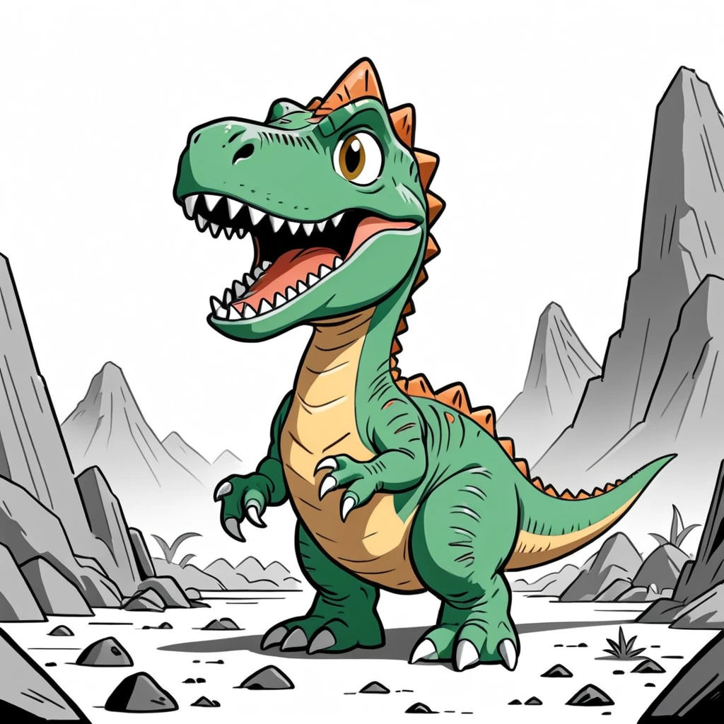 ((Best Quality)), ((obra of arte)), (detailed), to color, herbivorous dinosaur, strong lines, monochrome, minimalist, White background, High contrast, simplistic,{Epic masterpiece comic landscape of 1950s} {arte of la cubierta} of {Chibi Toy Dinosaur}