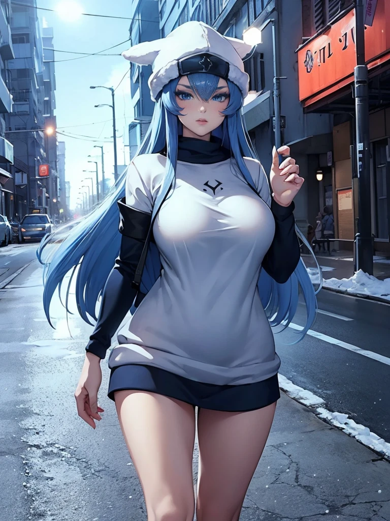 (artwork, best quality) a girl with long blue hair, blue eyes, blue eyelashes, tattoo, big breasts, white sweatshirt with a fuzzy hat, walking, upset, on a street in Russia, snowing heavily, at night
