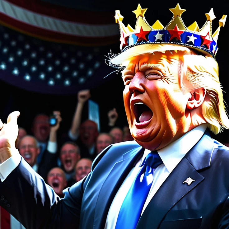 Donald Trump dancing on the death of democracy wearing his fake Republican crown highly detailed hyper realistic ultra detailed best quality 1080p hi definition 