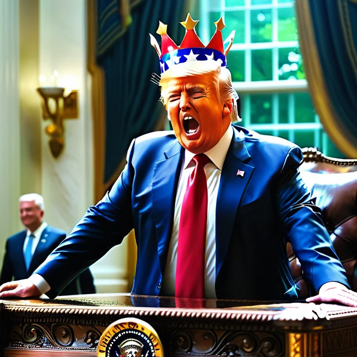 Donald Trump dancing on the death of democracy wearing his fake Republican crown highly detailed hyper realistic ultra detailed best quality 1080p hi definition 