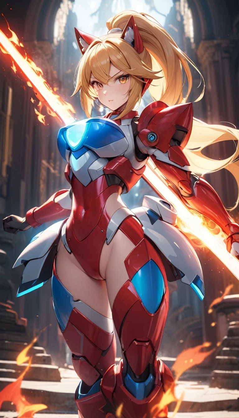 Masterpiece, exquisite and detailed, 4k, 8k, high resolution, hightech fantasy style inspired by the design of Megaman, an anthro wolf reploid goddess with long blonde ponytail hair, helmet and red armor with white details, fierce, wielding a flaming sword, posing next to the sword, dynamic light , cinematic BG, highly detailed