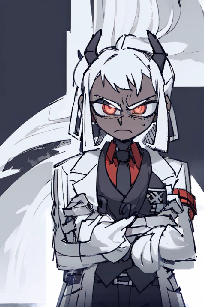 ((best qualityer)), ((work of art)), (detailded), 1 boy,darkskin,Eyes red,scientist outfit, white labcoat, long hair, antlers,((Scientific laboratory)),(crossed arms), serious expression 