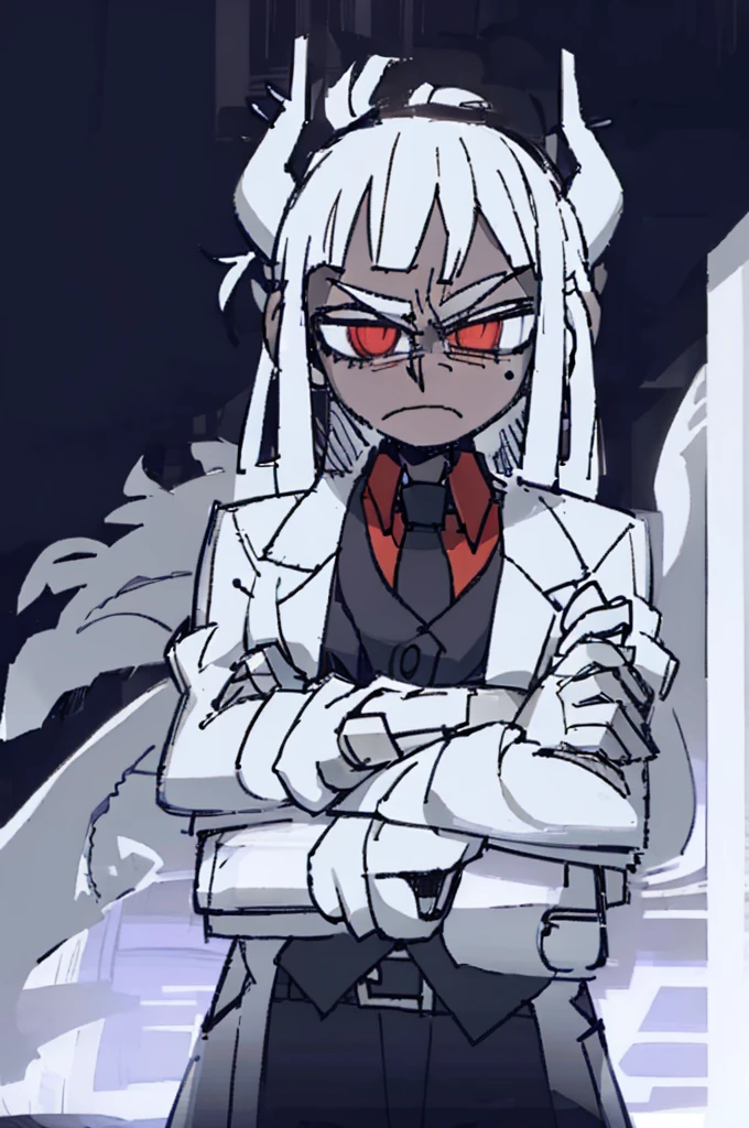 ((best qualityer)), ((work of art)), (detailded), 1 boy,darkskin,Eyes red,scientist outfit, white labcoat, long hair, antlers,((Scientific laboratory)),(crossed arms), serious expression