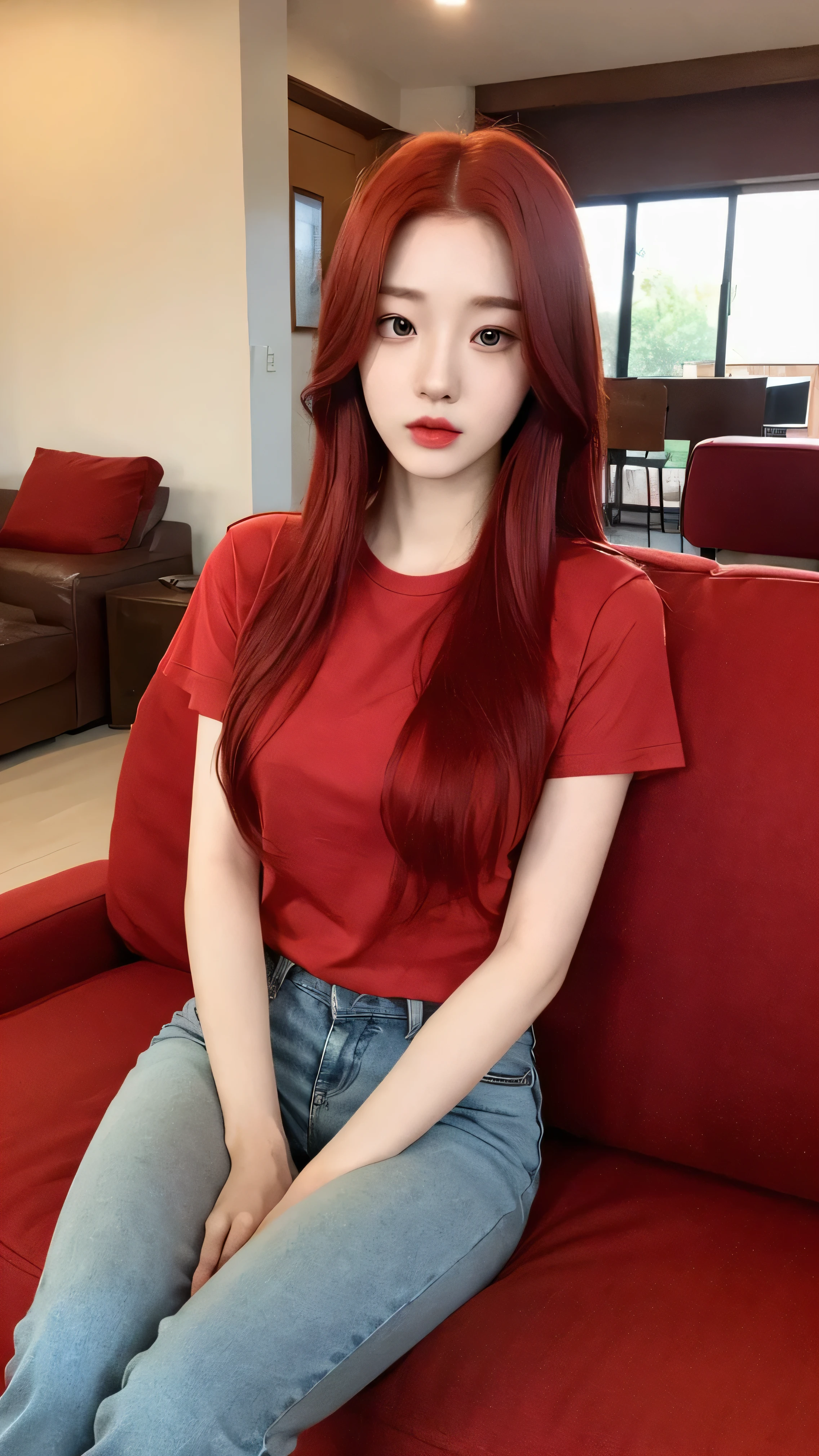 A young Korean woman with realistic red dyed hair, pale skin, thin body. She is wearing a red casual shirt and short jeans. She is looking at the viewer, and her easy expression is sensual. Full body. The setting is a living room and she is relaxing sitting on the sofa. Masterpiece, high quality.