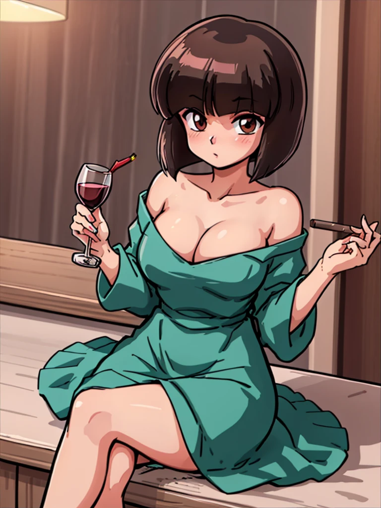 ((masterpiece)), best quality, ultra detailed, looking at viewer, intricate details, rich colors, sharp focus, volumetric lighting, dramatic atmosphere, nabiki tendo, brown eyes, nabiki, looking at viewer, 8k, 4k,light particles, highly detailed, detailed eyes, office INTERIOR, solo, bob cut, mini dress, pelvic curtain dress, heels, TendouNabiki, heels, cleavage, sit on bar chair, white panties, jewels, black heels, jewelry, hands on chest, upclose camera, crossed legs, night time, bar background, glass of wine, blush,