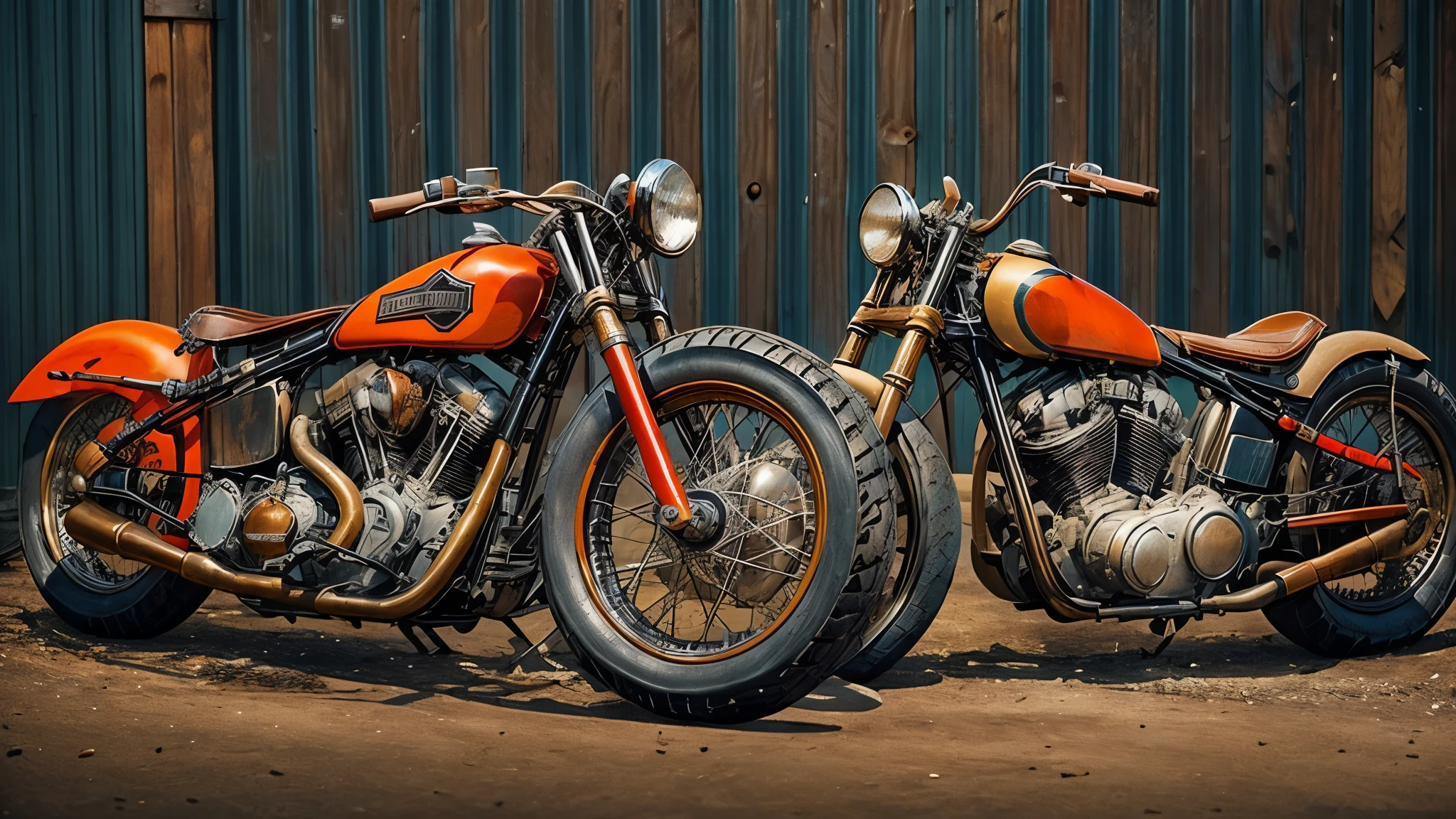 1940's era motorcycle racing, leather motorcycle helmets, checkered flag, dirt track, (early Harley Davidson motorcycles, bobber motorcycles, detailed motorcycle, detailed motor, detailed tires, proportional motorcycle frames), detailed faces, detailed riders,