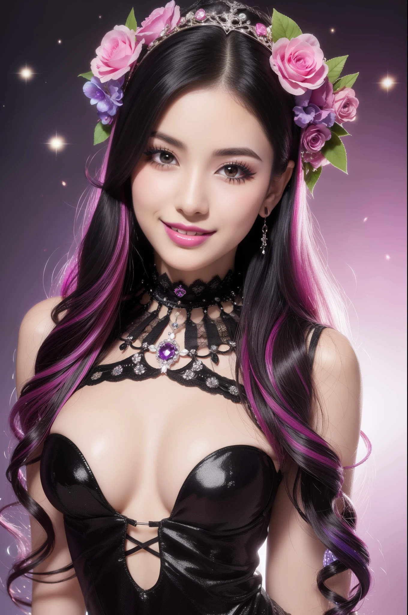 Sexy Spanish model who controls poison、beautiful smile、lipgloss、long lashes、gothic makeup、defined eyebrows、look at the camera、full body Esbian、、sparkling poisoned flower costume、、、、sparkling Colorful hair、secrete poison、skull hair accessories schnet tights、shiny sparkling flowers background