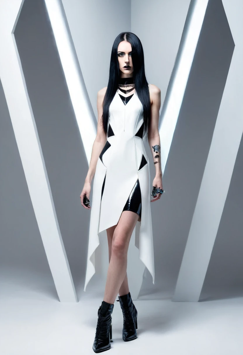 SLIM 35 years old woman, , small ass, black long hair, wearing MINIMAL WHITE cyberpunk MINIDRESS with triangular forms, in a white background, black nails, triangular necklace, triangular earrings,