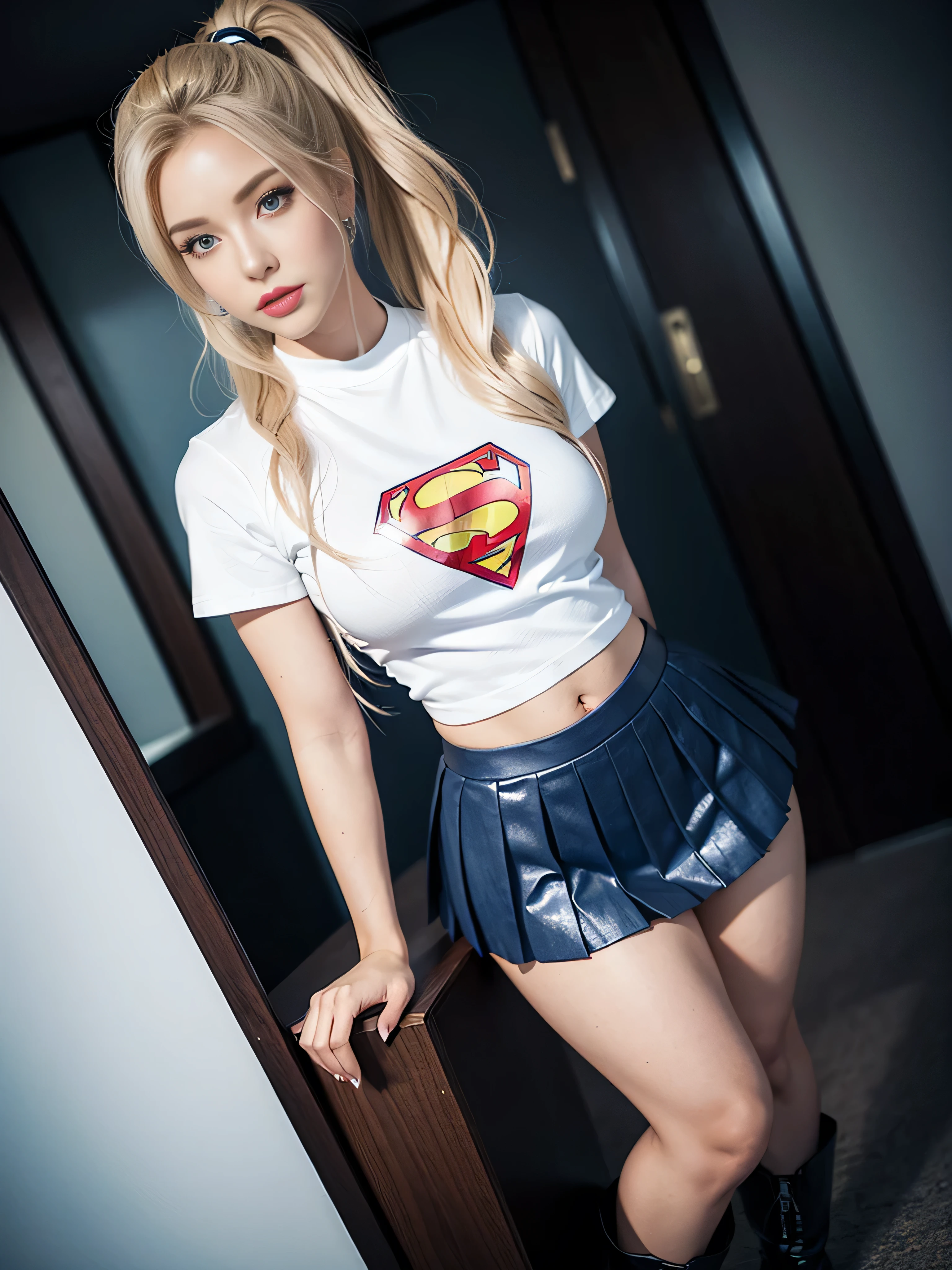 4k, realistic, charismatic, very detailed, there is a girl in the sky, dressed in a super girl costume, she is a super girl, superhero theme, blonde large hair, ponytail, 20 years, full body, (detail in the eyes), (detail in the face), incredibly beautiful, blue eyes, blush, makeup, red lipstick, miniskirt, (wide hips),  (thick thighs), small breasts, dress,, seductive pose, (extreme hourglass figure), thin, svelte, white skirt, boots, tight t-shirt, ((pleated mini skirt))