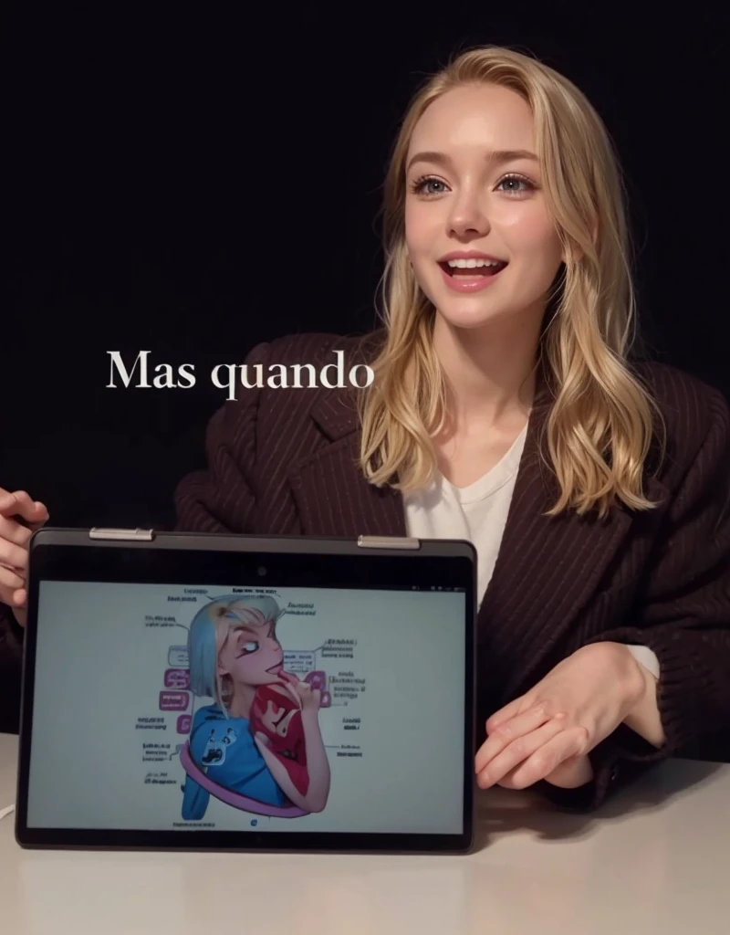 pixar disney animation style blonde woman, physiotherapist with white coat, brown eyes, thin face, confident closed smile, explaining something, notebook in hands, hair below shoulders