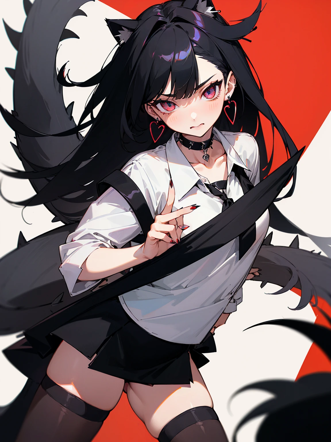 ((Long Straight Black hair)), Perfect face, Choker, Punk earrings, ((Tall)), ((High Quality)), Necklace, ((Mature)), Pretty Eyes, Sharp Nails, Bangs, ((1 Girl)), ((Multiple Earrings)), 1 girl, Spiky Earrings, Adult, Spiked Collar, Thin Eyelashes, Plain Background, Red Colors in Background, Cat Girl, Long Tail, Large Tail, Massive Tail, Black Tail, ((Black Goth Mini Skirt)), ((White Shirt)), Close Up, Very Short Mini Skirt, Tall, Long Legs, Sexy Thigh Highs, ((Very Disgusted)), Dynamic Pose,