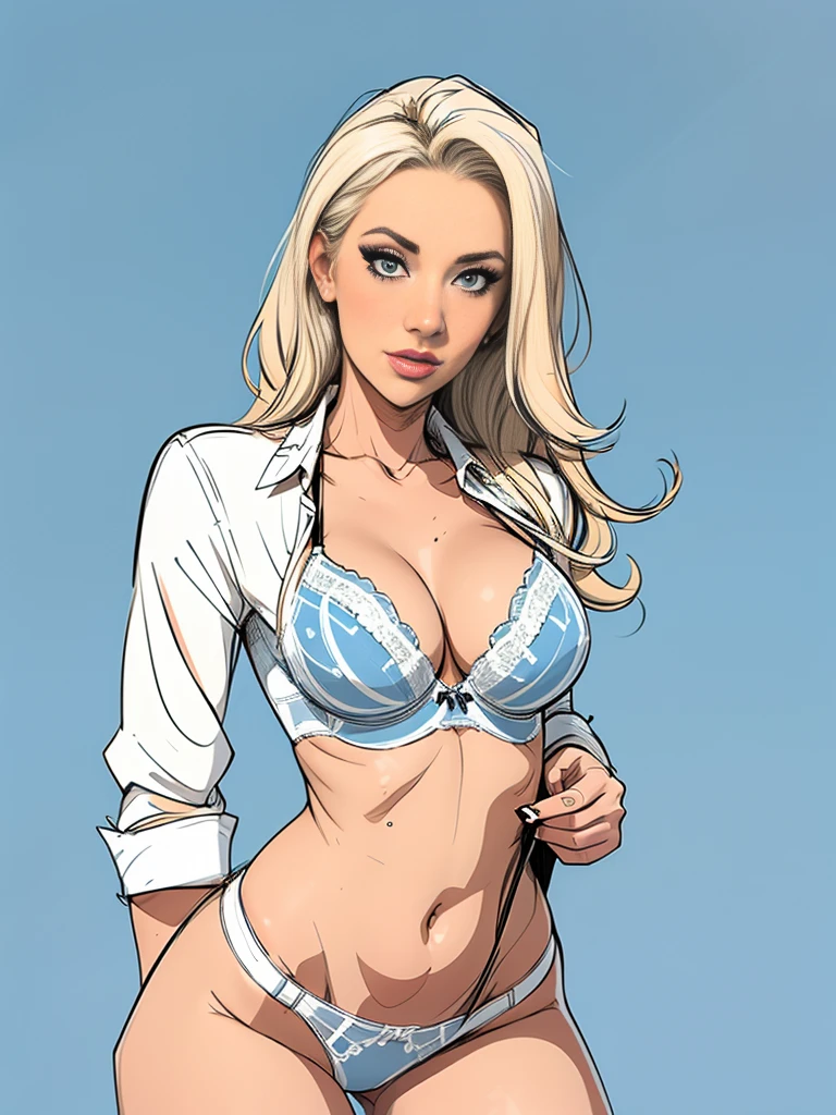 Medium full shot. sketch. 1 ultra hot gorgeous woman. Age 23.，blonde hair. Blue background. ((White blouse)) Black sheer D cup bra. ((Black and white sketch)).