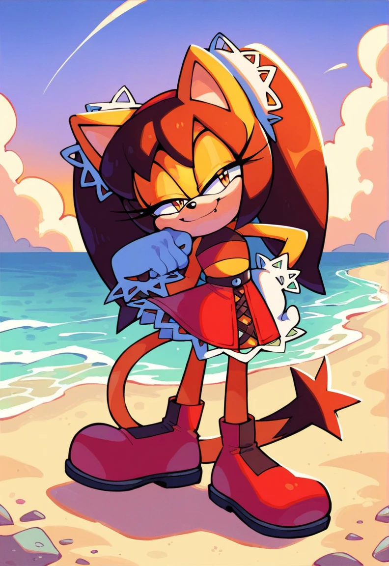 score_9, score_8_up, 2D, beach, sunset, looking at viewer, 1girl, very detailed, extremely detailed, honey the cat from the sonic the hedgehog series, full body, (red bikini), frilly hair ties, half-closed eyes, smug smile