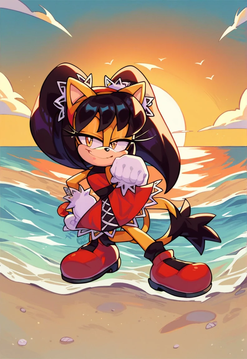 score_9, score_8_up, 2D, beach, sunset, looking at viewer, 1girl, very detailed, extremely detailed, honey the cat from the sonic the hedgehog series, full body, (red bikini), frilly hair ties, half-closed eyes, smug smile