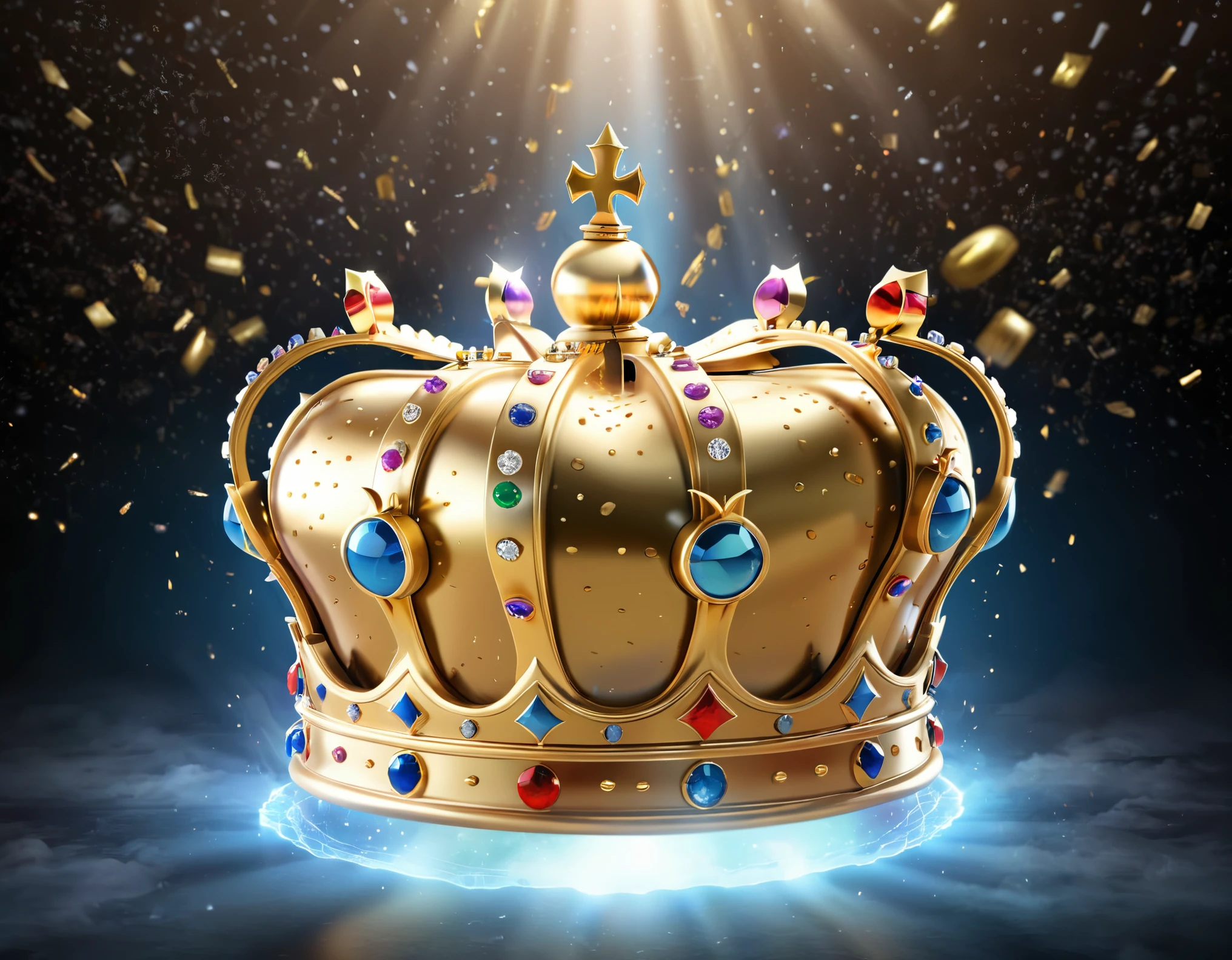 [Crown emoji] Imagine a surreal scene where a colossal golden crown hovers in an otherworldly space, surrounded by ethereal mist and shimmering lights. The crown symbolizes the supreme control and dominance associated with findom. Utilize hyperrealistic rendering techniques to capture every intricate detail of the crown, and optimize the image for 8K resolution to enhance the regal atmosphere.