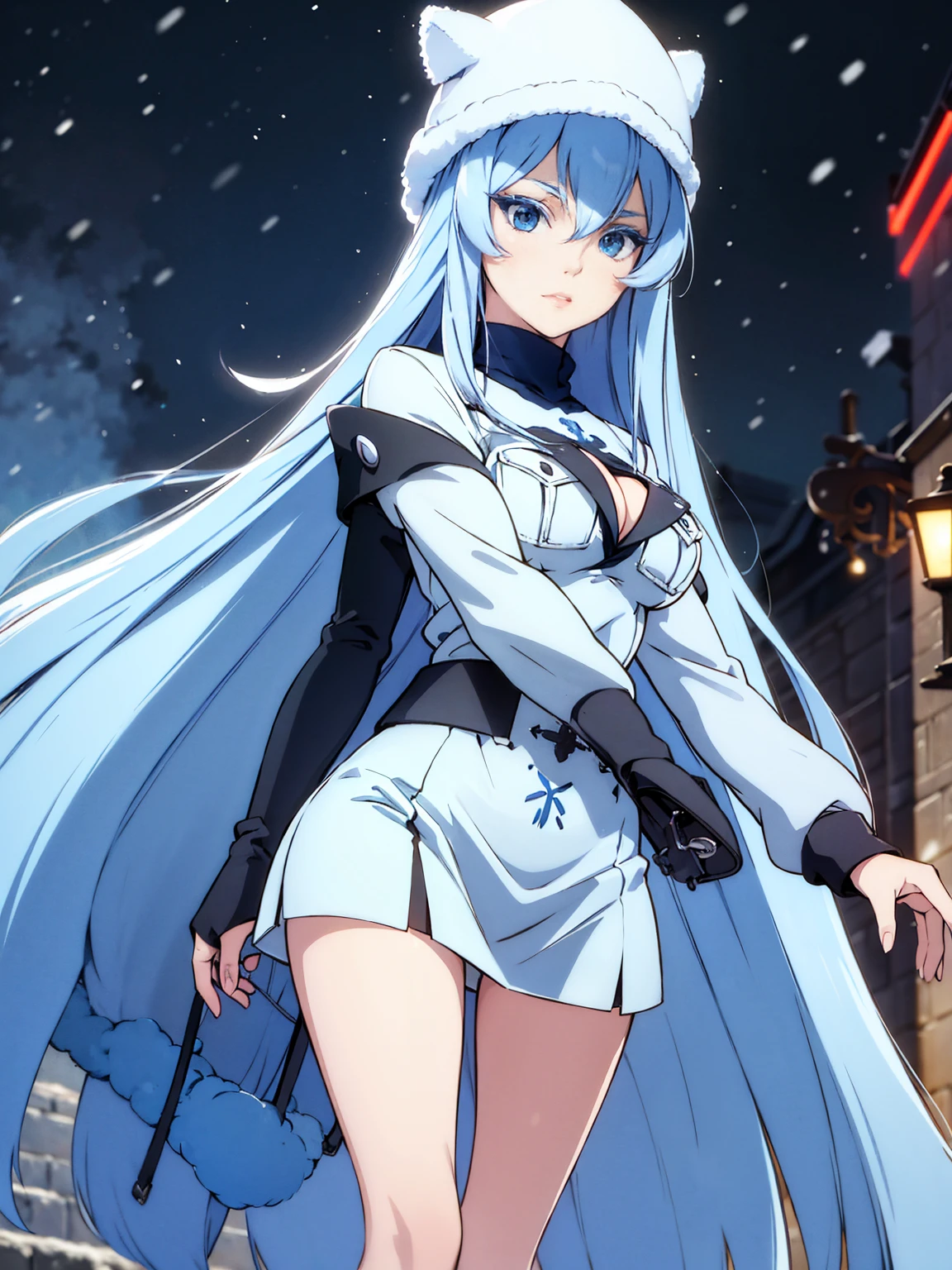 (artwork, best quality) a girl with long blue hair, blue eyes, blue eyelashes, big breasts, white sweatshirt with a fuzzy hat, walking, upset, on a street in Russia, snowing heavily, at night
