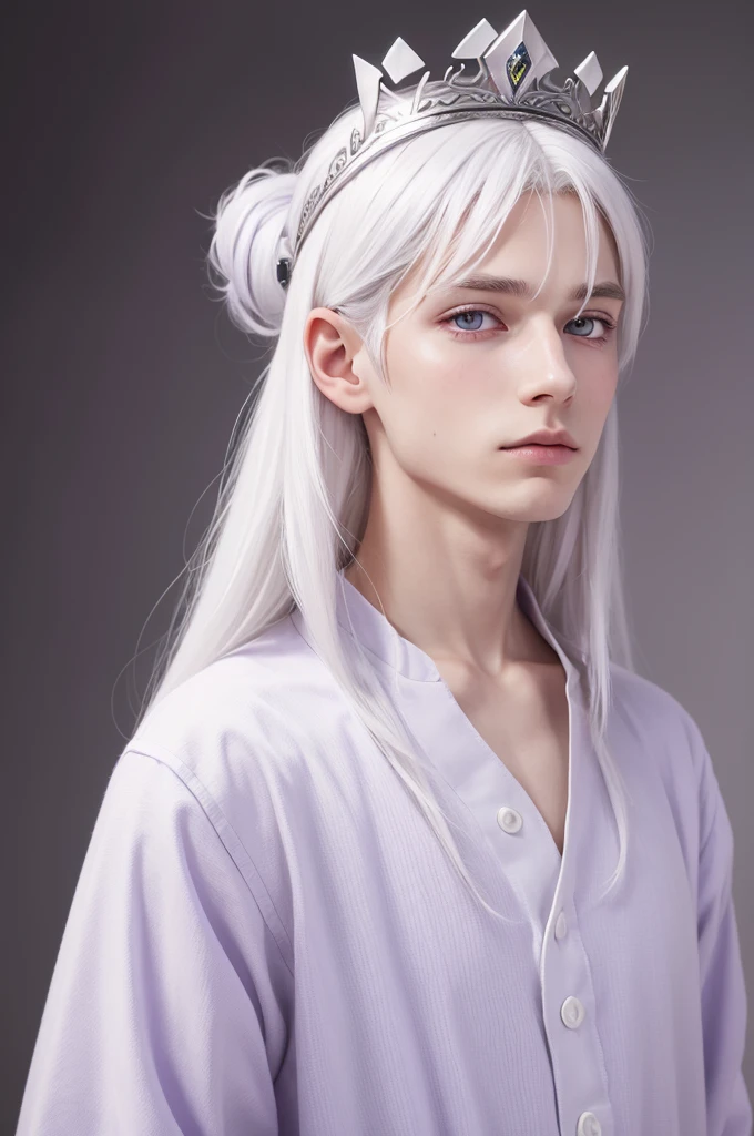 young man, straight white hair,lilac eyes with a crown on her head white background 
