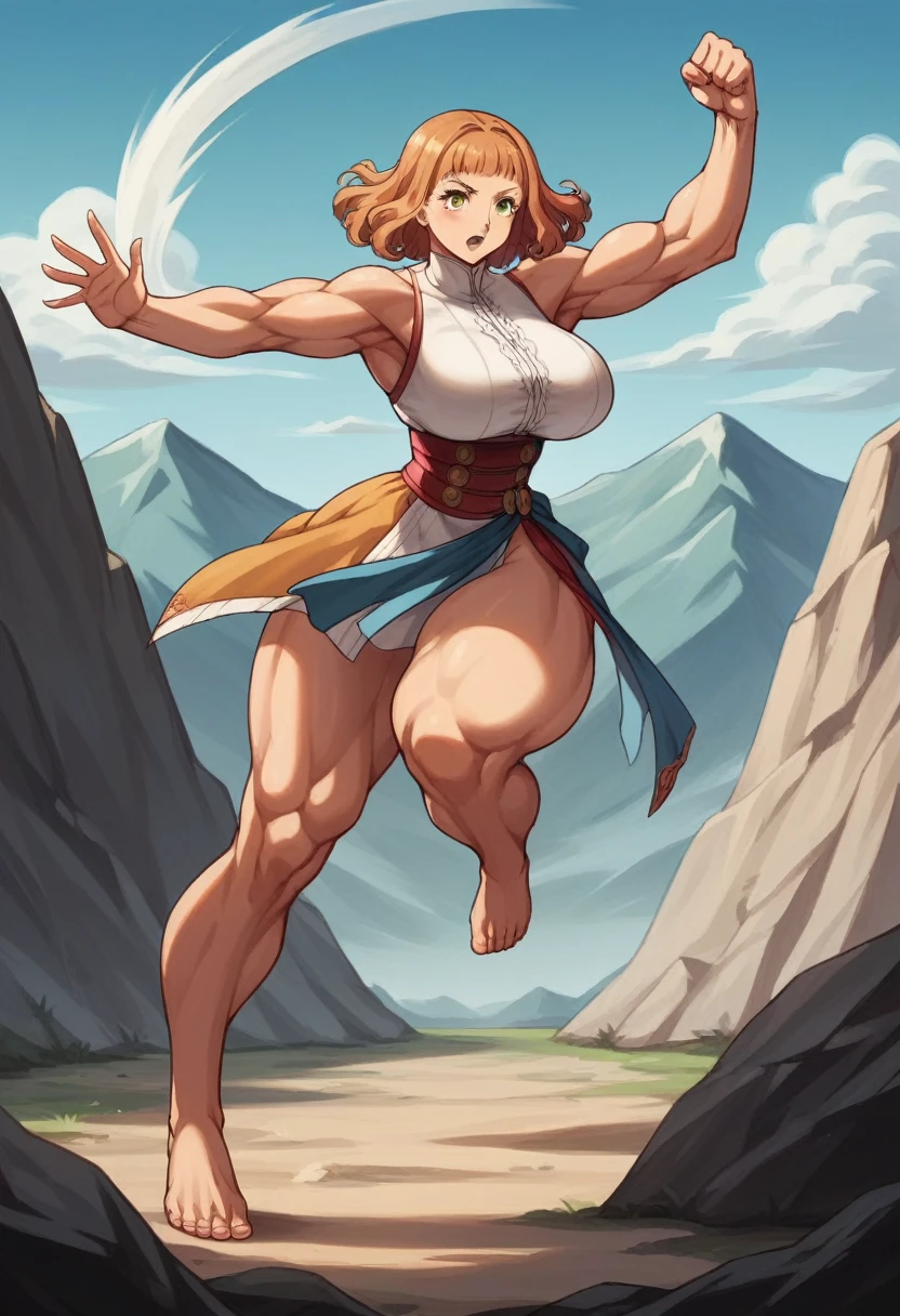 mimosa Vermillion, Women, Charm, defined body, big breasts, small waist, defined abdomen, thin arms, six pack, very high, huge butt, muscular legs, wide legs, exaggeratedly muscular legs, long legs, barefoot, dressed in Buddhist monk clothing, bare arms, sexy legs, big breasts seductores, kicking on huge rock, in a mountain, many stones destroyed, alone, perspiration