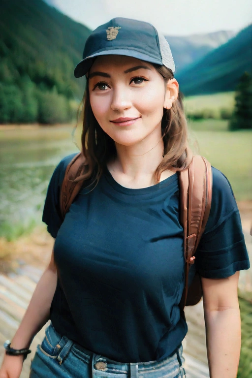 (masterpiece:1.3), (8K, Realistic, Raw photo, Highest quality: 1.4), Soft Light, Professional Lighting, One girl, 30 years old, Pure beauty, Mouth closed, smile, Brown medium hair, Summer Mountains、From morning to noon、T-shirt and hiking pants、Backpack、cap