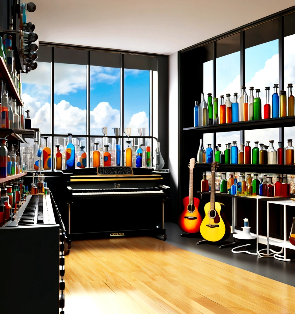 Masterpiece; Guitars and drums in a small science lab(((several science bottles around the room))); (guitars and musical keyboards inside science bottles) World map on the wall. sciencie complete with speakers and glass flasks of chemistry, embody the resilience and tenacity of the scientific community, infused with a bold graphic allure that enlivens the spirit of science. The design penetrates layers of depth, integrating the raw essence and vibrant cores of Rio de Janeiro culture. Brushstrokes that incorporate the fluid energy of graffiti on guitars and acoustic guitars weave around dynamic geometric shapes, adorning the laboratories with an evocative masterpiece that speaks to the heart of the intersection between two diverse worlds. Majestically rendered in high definition and vibrant color, every detail bursts with life, inviting viewers to marvel at the beauty that; by Salvador Dali