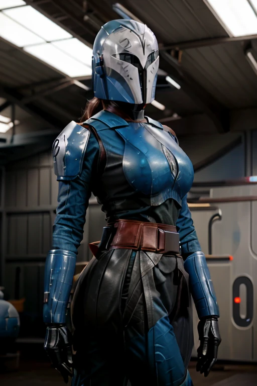 A woman with blue skin, lekku, and white facial markings, wearing Mandalorian-style armor, standing in a hangar or docking bay, detailed portrait, highly realistic, cinematic lighting, photorealistic, 8K, HDR