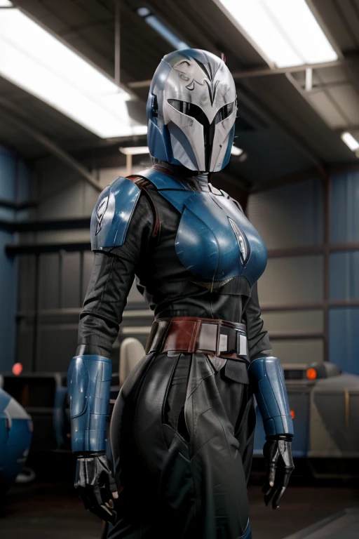 A woman with blue skin, lekku, and white facial markings, wearing Mandalorian-style armor, standing in a hangar or docking bay, detailed portrait, highly realistic, cinematic lighting, photorealistic, 8K, HDR