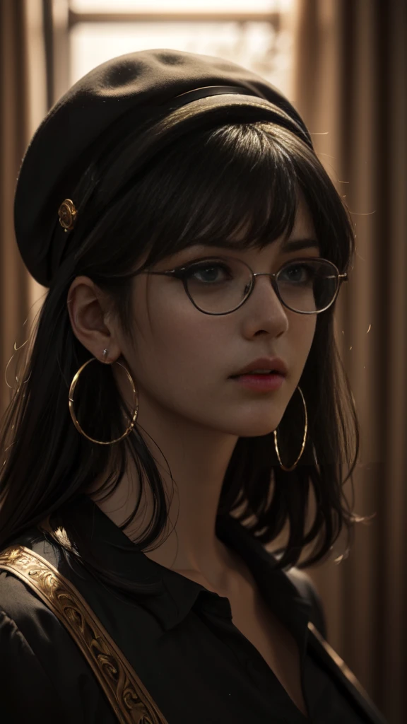 A young woman with black hair, blue eyes, and wearing round glasses, wearing a black hat with a golden detail, and golden hoop earrings, detailed portrait, beautiful detailed eyes, beautiful detailed lips, extremely detailed eyes and face, long eyelashes, intricate detailed clothing, expressivepose, cinematic lighting, ornate background, (best quality, 4k, 8k, highres, masterpiece:1.2), ultra-detailed, (realistic, photorealistic, photo-realistic:1.37), cinematic lighting, warm color tones, dramatic chiaroscuro, digital painting, concept art