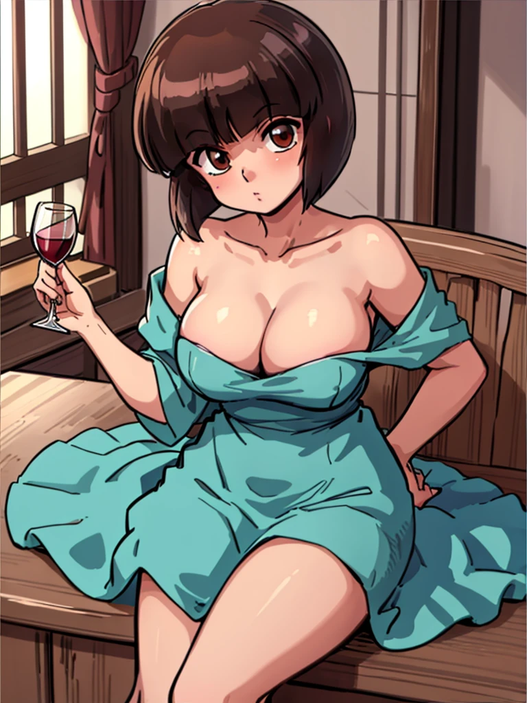 ((masterpiece)), best quality, ultra detailed, looking at viewer, intricate details, rich colors, sharp focus, volumetric lighting, dramatic atmosphere, nabiki tendo, brown eyes, nabiki, looking at viewer, 8k, 4k,light particles, highly detailed, detailed eyes, office INTERIOR, solo, bob cut, mini dress, pelvic curtain dress, heels, TendouNabiki, heels, cleavage, sit on bar chair, white panties, jewels, black heels, jewelry, hands on chest, upclose camera, crossed legs, night time, bar background, glass of wine, blush,