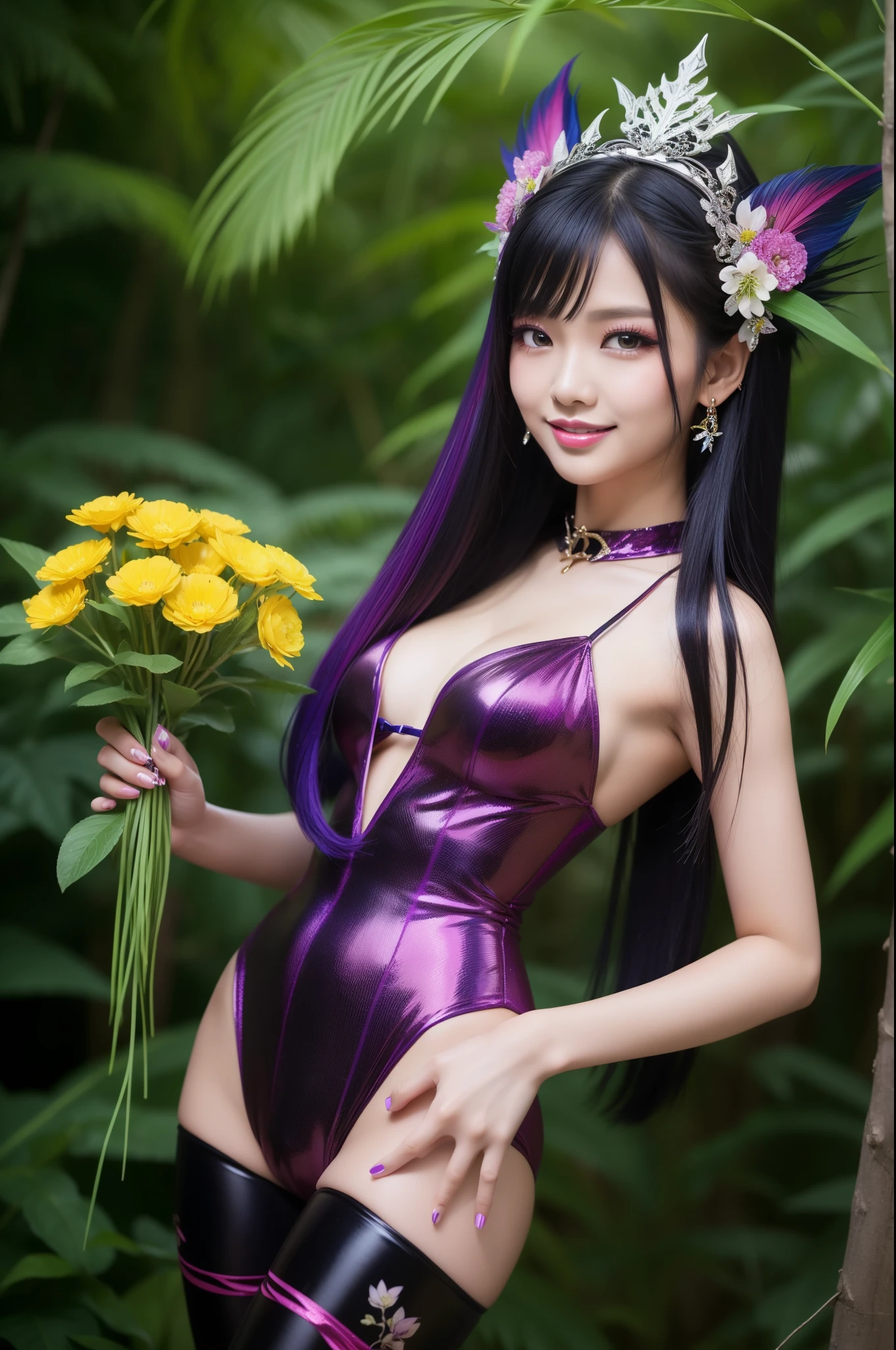 y Indonesian model who controls poison、beautiful smile、lipgloss、long lashes、intense makeup、look at the camera、full body Esbian、、sparkling poisoned flower costume、、、、shiny sparkling multicolor hair、secrete poison、skull hair accessories、sexights、shiny sparkling dark magic forest background