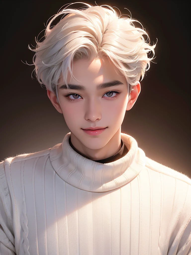Best-Quality, Masterpiece, Ultra-High-Resolution, korean boy, very white hair, pervert smile, sexy, ((white wallpaper)), very bright brown eye colour, ((asian)), pale skin, curly hair with bangs, ((dark sweater)), pink blush, looking at the viewer, white eyebrow, (hazy eyes), dangerous