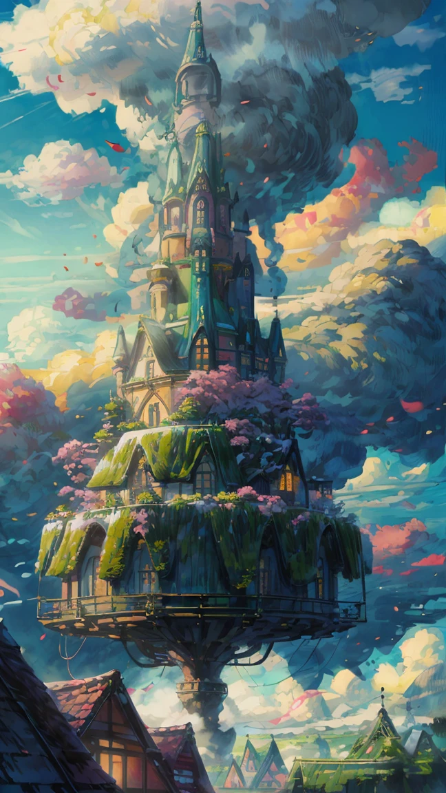 "A majestic castle on a floating sky island,Ghibli's Worldview、 Reminiscent of a Japanese-style fortress, Floating on fluffy clouds, Bask in the warm sunlight, Emits vibrant colors. masterpiece."balloon, City, Fantasy, A magical plant grows, Extreme Detail, Realistic Light, A magnificent composition, (Intricate details), (Intricate Design, Super detailed :1.2), Art Station, (masterpiece, Highest quality), Ultra HD, 32K --v 6