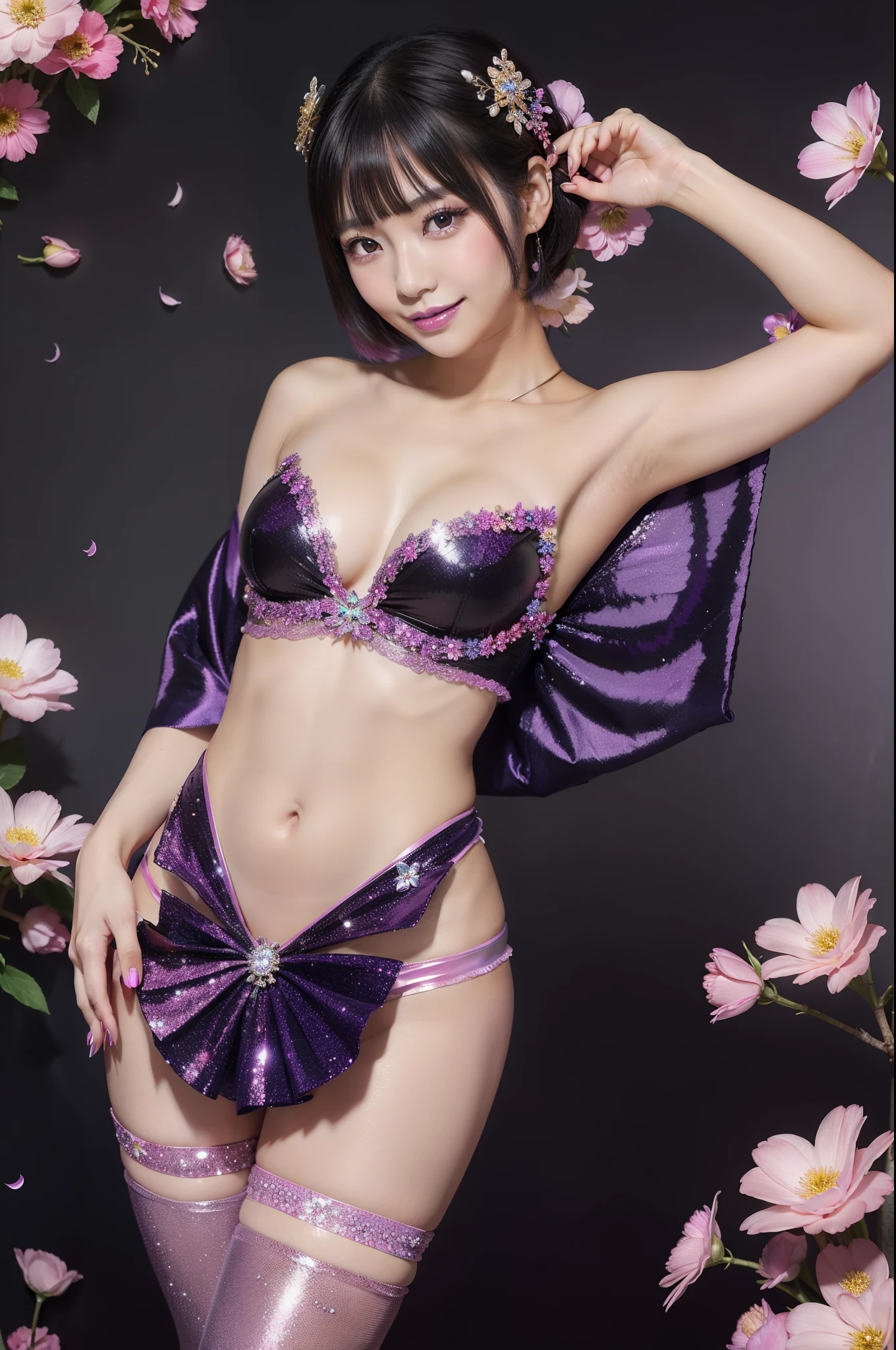 beautiful Japanese model who controls poison、happy smile、lipgloss、intense makeup、look at the camera、full body Esbian、、sparkling poisoned flower costume、、、、sparkling Colorful short hair、secrete poison、skull hair accessories、sexy tights、shiny sparkling flowers background