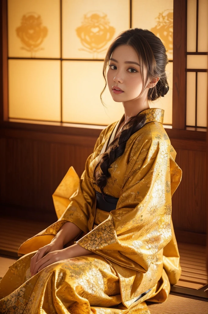大きい胸、 kimono、Cinematic atmosphere、Professional composition、Natural Body、fantasy,sitting in front of a golden screen、flower arrangement、tatami、looking at the camera、intricate details,dramatic lighting,beautiful detailed eyes,beautiful detailed lips,extremely detailed eyes and face,long eyelashes
