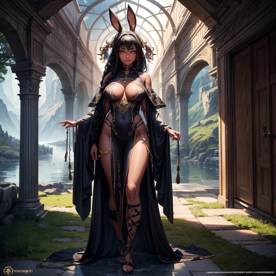 a girl, 1girl, black dreadlock hair, big breasts, long rabbit ears, green eyes!!!, serious face, dark skin, she nude, penis instead of a pussy, full body, full body, lake, mountain behind, very sexy body, detailed face, beautiful detailed eyes, beautiful detailed lips, extremely detailed eyes and face, long eyelashes, intricate details, highly detailed, photo realistic, 8k, best quality, masterpiece, cinematic lighting, dramatic lighting, vibrant colors, fantasy, digital art, concept art