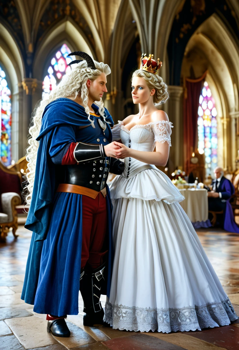 A full-body cinematic photo of a Targaryen royal boy and girl, boy1 has loose shoulder length curly white hair, his a striking indigo eyes, is very athletic, tall and he is wearing intricate royal raiments with a obsidian dragon crown , girl1 is , a bit chubby, beautiful with soft mauve colored eyes, long curling white that ends near her knees, freckles, she is wearing gorgeous finely masterfully tailored crimson intricate Queen’s gown with a whimsical crown made of a meteorite, medieval decor, castle interior, dragon decor, beautiful couple, loving couple, holding each other pose, 8k, photorealistic, beautiful skin, perfect face, wallpaper quality, octane render, sun dappled, 35mm, pretty lighting, pretty, fantasy setting, duo