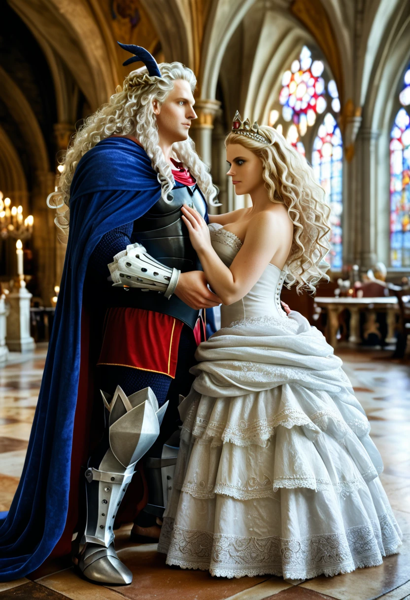 A full-body cinematic photo of a Targaryen royal boy and girl, boy1 has loose shoulder length curly white hair, his a striking indigo eyes, is very athletic, tall and he is wearing intricate royal raiments with a obsidian dragon crown , girl1 is , a bit chubby, beautiful with soft mauve colored eyes, long curling white that ends near her knees, freckles, she is wearing gorgeous finely masterfully tailored crimson intricate Queen’s gown with a whimsical crown made of a meteorite, medieval decor, castle interior, dragon decor, beautiful couple, loving couple, holding each other pose, 8k, photorealistic, beautiful skin, perfect face, wallpaper quality, octane render, sun dappled, 35mm, pretty lighting, pretty, fantasy setting, duo