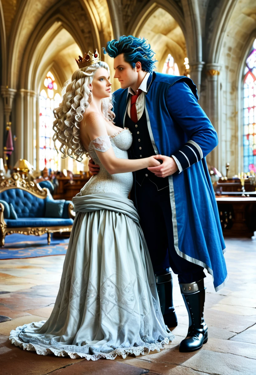 A full-body cinematic photo of a Targaryen royal boy and girl, boy1 has loose shoulder length curly white hair, his a striking indigo eyes, is very athletic, tall and he is wearing intricate royal raiments with a obsidian dragon crown , girl1 is , a bit chubby, beautiful with soft mauve colored eyes, long curling white that ends near her knees, freckles, she is wearing gorgeous finely masterfully tailored crimson intricate Queen’s gown with a whimsical crown made of a meteorite, medieval decor, castle interior, dragon decor, beautiful couple, loving couple, holding each other pose, 8k, photorealistic, beautiful skin, perfect face, wallpaper quality, octane render, sun dappled, 35mm, pretty lighting, pretty, fantasy setting, duo