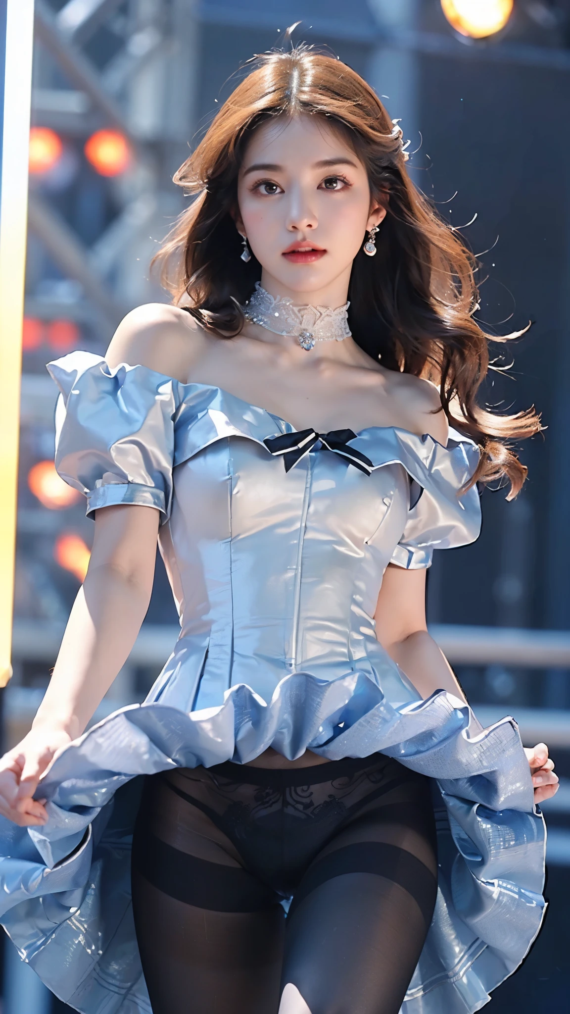 16K quality、Highest quality, It is high resolution., Real photo、Realistically、Realistic texture、Full body portrait、((Cute age KPOP idols))、((Concert Venues、stand、Large crowd))、(((激しい動きでIdol stage dressesの裾が捲れ上がる、Her panties are visible from under the lifted hem of her dress:1.2)))、((Sing and dance with a microphone))、((Cute idol stage costume in blue and white、Idol stage dresses、corset、No sleeve、Large ribbon on the chest、丈の短いIdol stage dresses))、 (( Beautiful golden shiny hair、Semi-long hair、Put one ear out ))、((Blonde))、((Lift your legs higher、Wide-open legs、Bold Pose))、(C cup breasts)、((blue eyes))、((Ultra-thin pantyhose、Shiny pantyhose))、((High cut high leg white panties))、choker、Beautiful legs、Embarrassing、(Big eyes、No makeup、Very beautiful and subtle makeup, Light makeup,)、Perfect body、Perfect hands、Perfect Fingers、Detailed and beautiful thin lips、A clear, beautiful face and well-proportioned eyes、Highly detailed eyes and face、A neat nose、Thin eyebrows、(Perfect Eyes)、Realistic Light、 (Soft Light, High quality, Smooth and sharp, 10x pixelation, Beautiful eyeshadow), Cute round face, Plump thighs、Accentuate your thighs、Hairstyle with bangs、Slender body、slim、Light-reflecting skin、Model Body Type、Detailed fingers、Beautiful Eyes、Long eyelashes、8Head to Body、Low - Angle、The light reflected in your eyes、Smaller face、double eyelid、Big Eyes、Lip gloss、Looking away、Background blur、Movie lighting from the front、Light on face