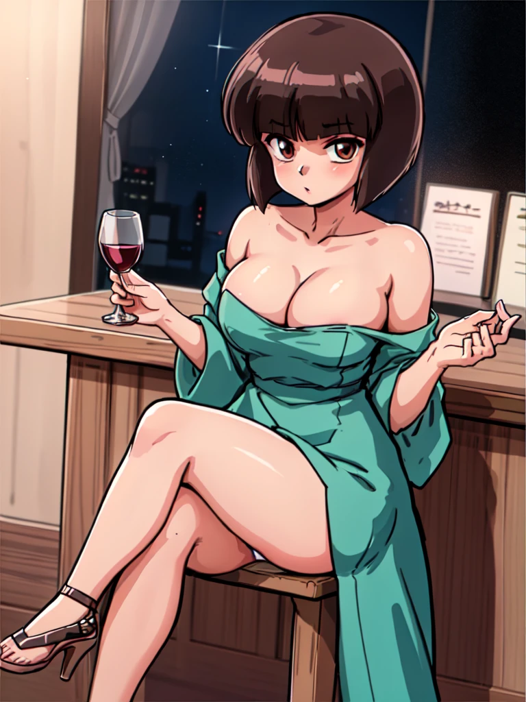 ((masterpiece)), best quality, ultra detailed, looking at viewer, intricate details, rich colors, sharp focus, volumetric lighting, dramatic atmosphere, nabiki tendo, brown eyes, nabiki, looking at viewer, 8k, 4k,light particles, highly detailed, detailed eyes, office INTERIOR, solo, bob cut, mini dress, pelvic curtain dress, heels, TendouNabiki, heels, cleavage, sit on bar chair, white panties, jewels, black heels, jewelry, hands on chest, upclose camera, crossed legs, night time, bar background, glass of wine, blush,