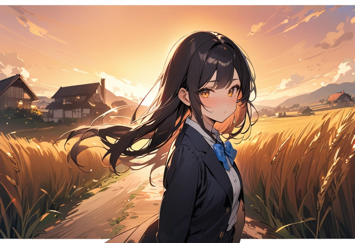 (masterpiece:1.4, best quality), (masterpiece, best quality),cute walking down a dirt road that cuts through the fields,
BREAK 1 girl, long hair, black hair, straight hair, short bangs above brows,
BREAK , blazer, white shirt, blue bowtie, pleated skirt,
BREAK tranquil scene with gently rolling hills, fields of (vast golden wheat:1.3), water turbine,a few quaint farmhouses scattered throughout,(overlooking:1.3),wind,sunset sky