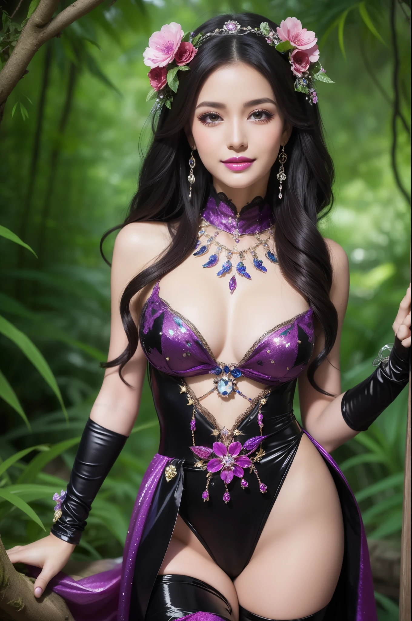 sexy Spanish model who controls poison、beautiful smile、lipgloss、long lashes、intense makeup、look at the camera、full body Esbian、、sparkling poisoned flower costume、、、、shiny sparkling multicolor hair、secrete poison、skull hair accessories、sexy tights、shiny sparkling dark magic forest background